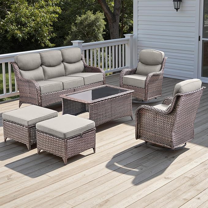 Rilyson Wicker Outdoor Patio Furniture Set - 6 Piece Patio Conversation Sets with Swivel Rocker Chairs, Ottomans, Sofa and Coffee Table, 6 inch Cushions, Deep Seating, for Porch Deck Brown/Beige