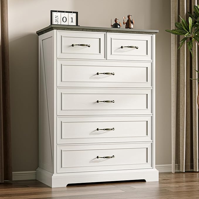 Farmhouse 6 Drawers Dresser for Bedroom, 43" Tall Modern Chest of Drawers with Deep Drawers & Bar Handles, Rustic Wood Dresser TV Stand, Wooden Closet Storage Organizer for Living Room, Hallway, White