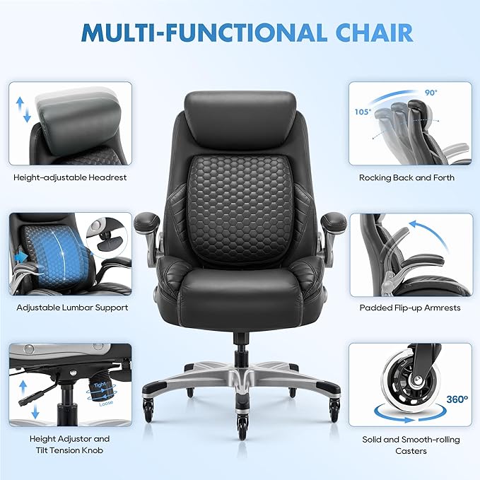 COLAMY Office Ergonomic Desk High Back Executive Chair with Pop-Out Lumbar Support, Upgraded Casters, Adjustable Headrest, Flip-Up Arms, Leather Home with Thick Cushion for Comfort - Black