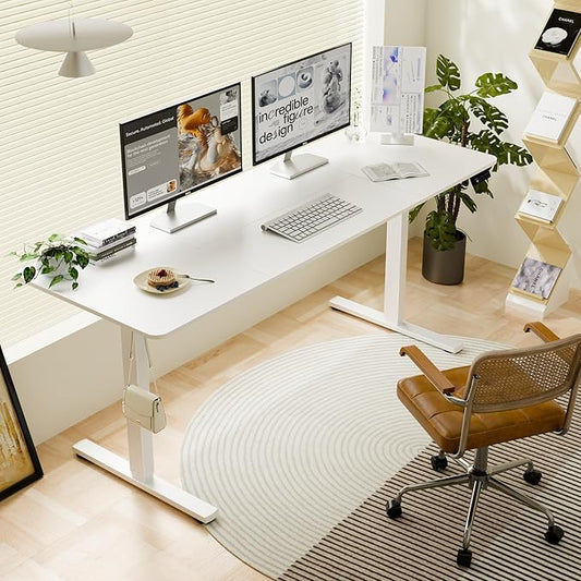 ERGOMAKER Electric Standing Desk, 67" x 23.6" Height Adjustable Sit Stand Desk with Splice Board for Home Office, Computer Table Memory Preset (White Frame, White Desktop)