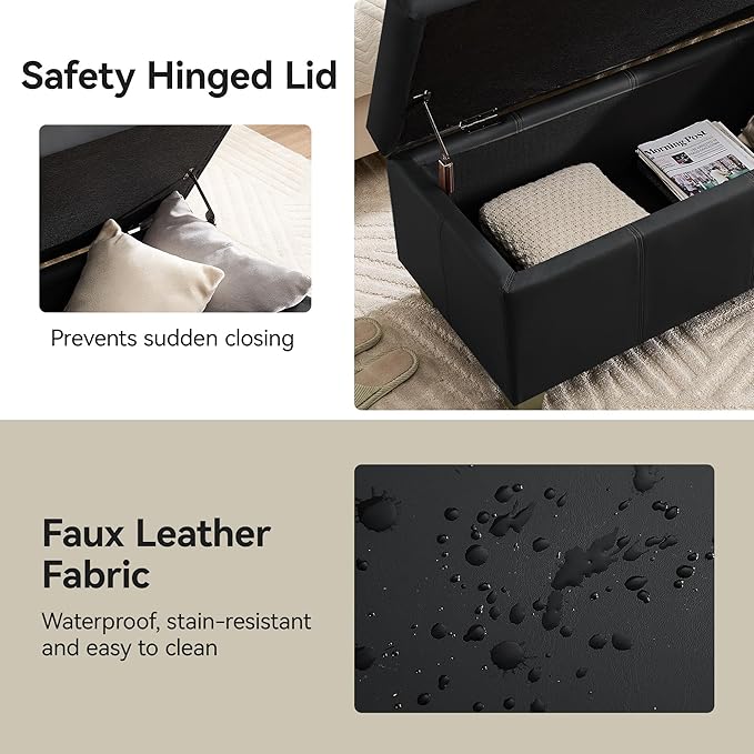 51" Faux Leather Storage Ottoman, Stitch Tufted Rectangle Upholstered End of Bed Storage Bench, Entryway Large Couch Ottoman with Wooden Legs, Dark Black