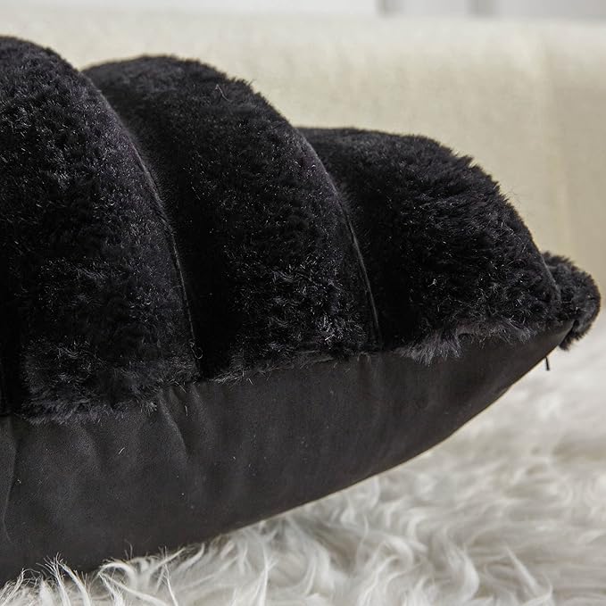 Neelvin Black Faux Fur Cozy Soft Striped Decorative Throw Pillow Covers 24x24 inch Set of 2,Velvet Pillowcase Cushion Case for Sofa Couch