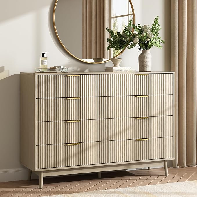 CARPETNAL Fluted 8 Drawer Dresser for Bedroom, 55" Wide Wooden Chest of Drawers with Rounded Corners, Gold Handles, Modern Storage Organizer for Bedroom, Hallway(Beige)