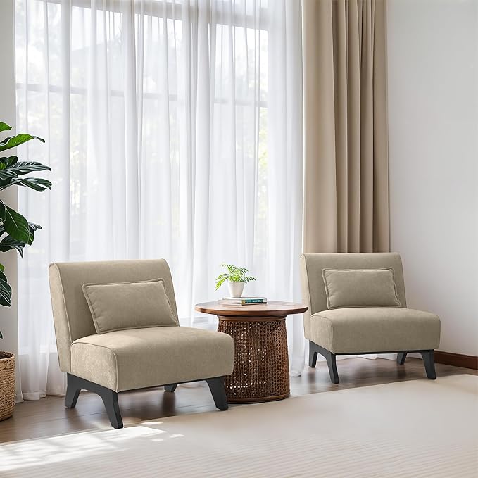 Armless Set of 2 Accent Chair,Modern Comfy Upholstered Living Room Chairs with Wooden Legs& Pillows,Lounge Sofa Side Chair for Bedroom Farmhouse Reading (Brown, 2 PCS)