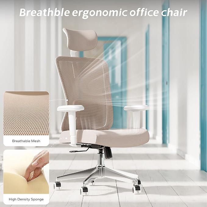 Ergonomic Office Chair with Adjustable Lumbar Support & Flip-Up Armrests - High Back Computer Desk Chair with Thickened Seat Cushion, Rolling Wheels for Home/Office Study Work (05khaki)