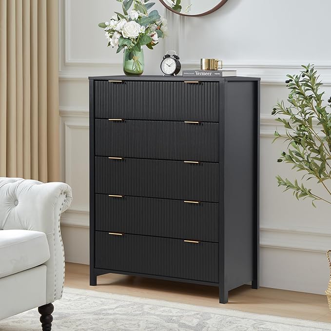 5 Drawer Dressers for Bedroom, Modern Closet Chest of Drawers with Waveform Fluted Panel, Large Wood Storage Dresser Organizer for Nursery Bedroom Living Room Hallway Closet, Black
