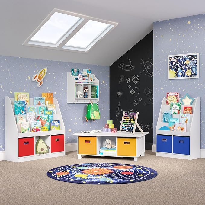 Kids Bookrack with Three Cubbies and 2 Red Bins
