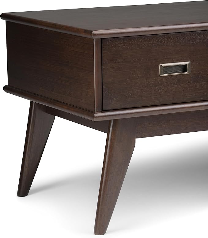 SIMPLIHOME Draper SOLID HARDWOOD 48 inch Wide Rectangle Mid Century Modern Coffee Table in Medium Auburn Brown for the Living Room and Family Room