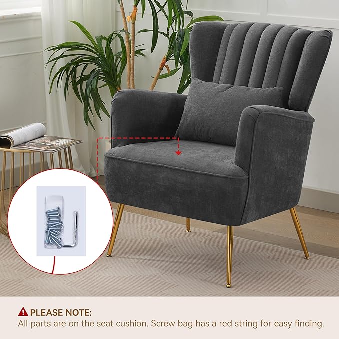 Living Room Chairs Chenille Accent Armchair with Lumbar Pillow&Gold Leg, 8.5" Thick Cushion, Mid Century Modern High Wingback Bedroom Chairs Upholstered Comfy Sofa Arm Chair, Grey