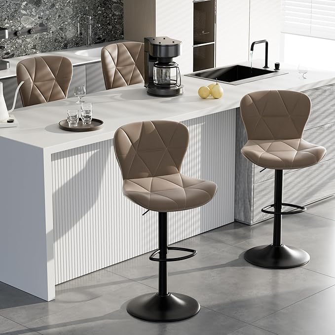 Bar Stools Set of 1,Adjustable Swivel Barstools, Faux Leather Bar Chairs,Upholstered Counter Height with High Backrest for Kitchen Island, Dark Khaki