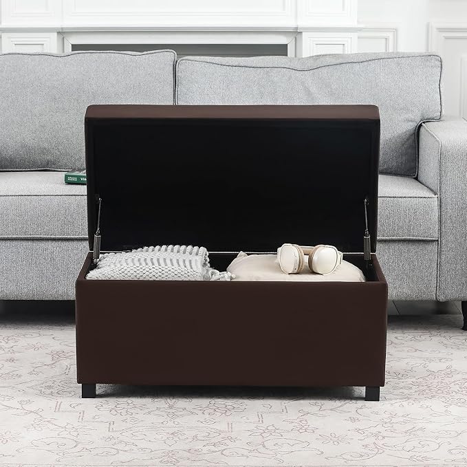 Asense Storage Ottoman Bench –32 Inch Stylish Compact Design with Storage, Extra Seating & Modern Leather Appeal for Living Room, Bedroom, Entryway, Espresso Brown