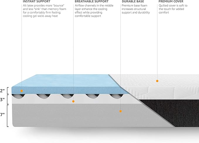 Amazon Basics Gel Memory Foam Mattress, Firm, Cooling, Queen Size Mattress, CertiPUR-US® Certified Foam, 80 x 60 x 12 inches, White/Dark Gray