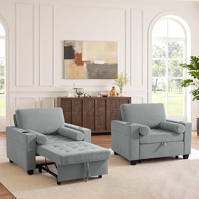 Convertible Sleeper Chair Bed, Comfy Corduroy Single Futon Sofa Chairs with Pull Out Bed, 3-Levels Adjustable Backrest Accent Chair with Side Pockets, Cup Holder & USB Ports for Living Room, Bedroom