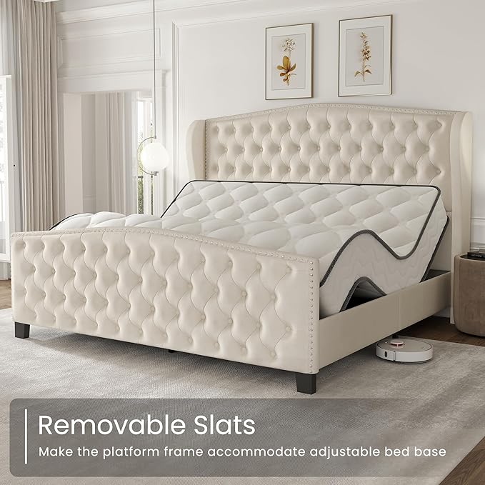 LARMACE King Size Bed Frame Velvet Upholstered Platform Bed with Wingback Headboard & Footbaord, Deep Button Tufted Bed Frame with Wood Slats Support, No Box Spring Needed, Beige
