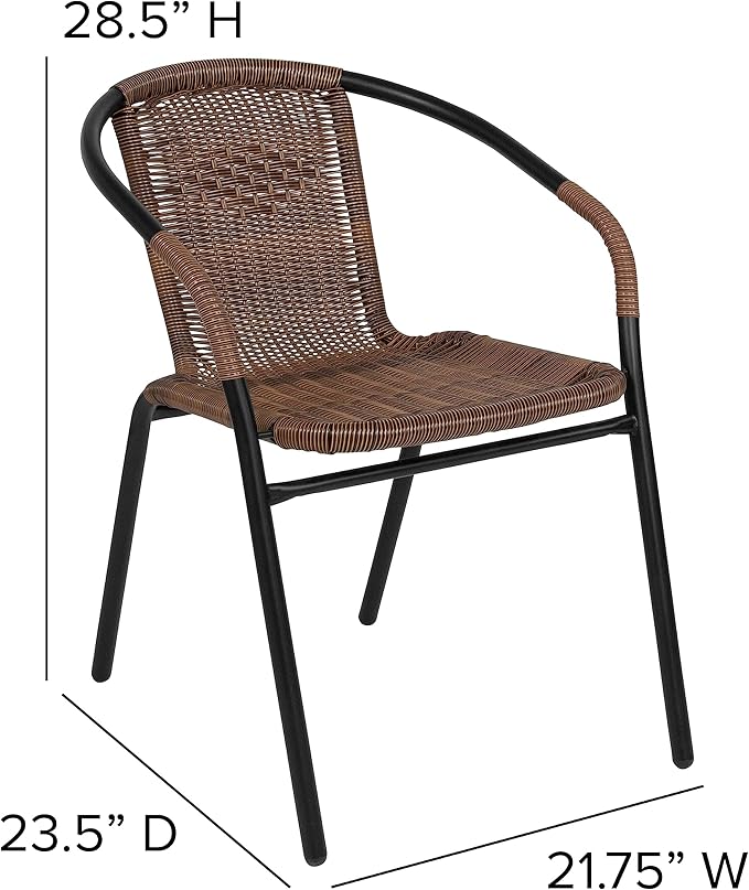EMMA + OLIVER Set of 2 Modern Rattan Indoor/Outdoor Stack Chairs, Stacking Rattan Patio Chairs with Curved Back and Cross Bracing, Brown