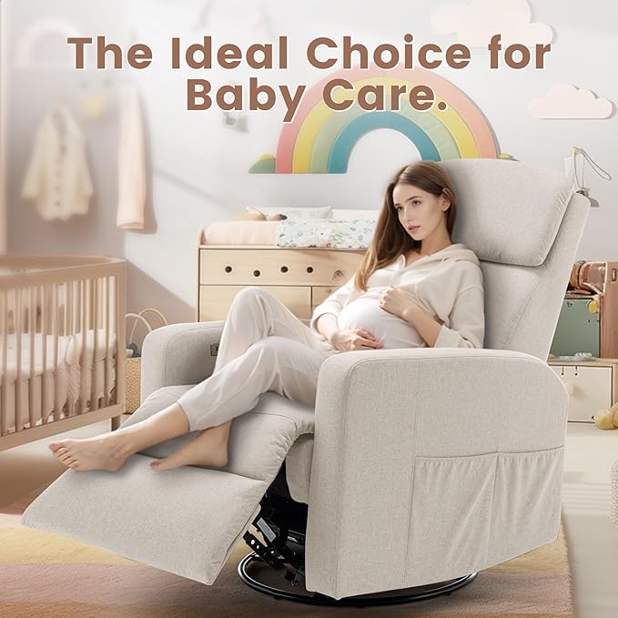 Power Swivel Recliner Chairs for Adults, Electric Glider Rocking Chair Nursery, Glider Recliner Nursery Chair with Classified Side Pocket, Nursery Rocking Chairs with USB and Type-C Ports