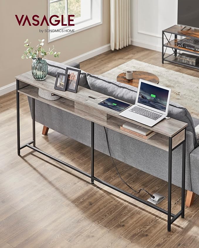 VASAGLE 70.9-Inch Console Table with Outlet and Shelves, Sofa Table with Charging Station, Behind Couch Table Skinny, Entryway Table for Hallway, Living Room, Heather Greige and Ink Black ULNT118B02