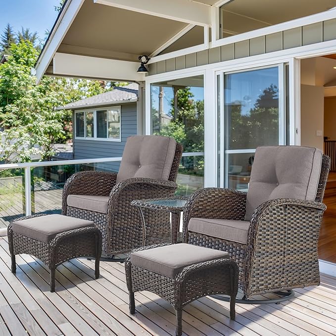 HUMMUH 5 Pieces Wicker Patio Furniture Set,Outdoor Swivel Gliders Rocker,Patio Ottomans,Glass Top Side Table,Outdoor Conversation Set for Porch Deck Backyard Poolside