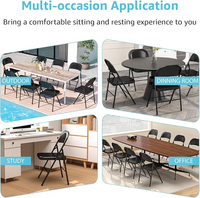 Metal Folding Chairs Steel Frame with Double Hinged for Office Kitchen Dinning Wedding Patio and Garden,No Assembly, Set of 4, Black