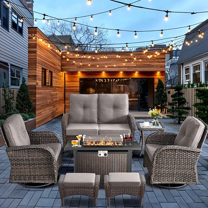 HUMMUH 7-Piece Patio Furniture Set with Fire Pit,Wicker Patio Glider Loveseat Outdoor Swivel Rocker Chairs with Ottomans for Backyard,Poolside,Deck