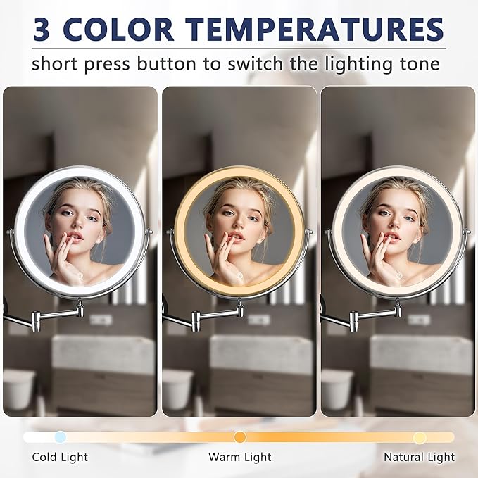Hasipu 8.5-Inch Wall Mounted Makeup Mirror with Magnification, Rechargeable 2000 mAh Vanity Mirror with Lights, Bathroom Mirror with Dimmable Brightness, 3 Lighting Modes, Extendable Arm, Chrome
