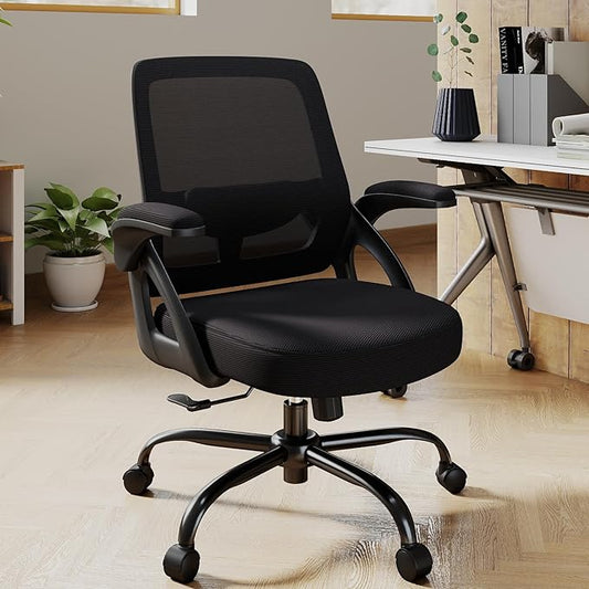 AnyGod Big and Tall Office Chair, Ergonomic Desk Chair Mesh Mid Back with Comfy Lumbar Support Swivel Task Executive Chairs with Wheels, Flip up Arms for Home, Office, Study