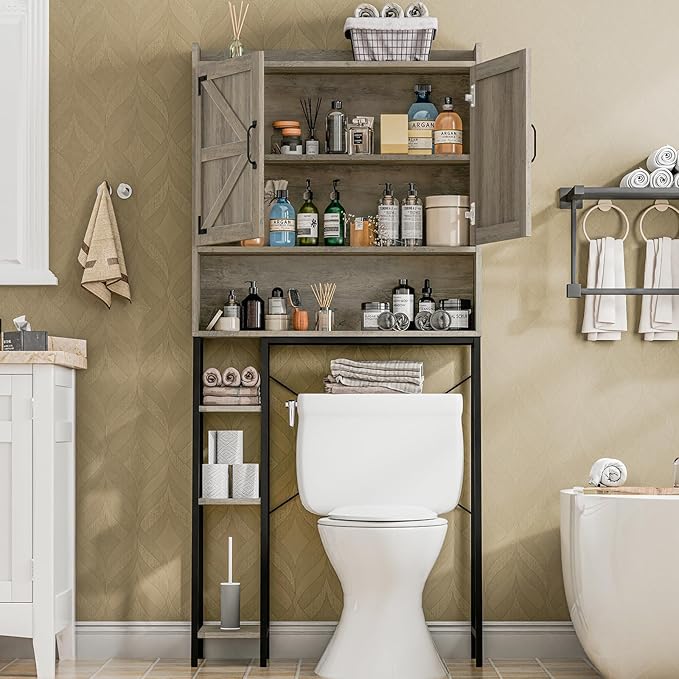 Vabches Over The Toilet Storage Cabinet, Farmhouse Storage Cabinet Over Toilet with 2 Barn Door & Toilet Paper Holder Stand,Home Space-Saving Toilet Rack, for Bathroom, Restroom, Laundry