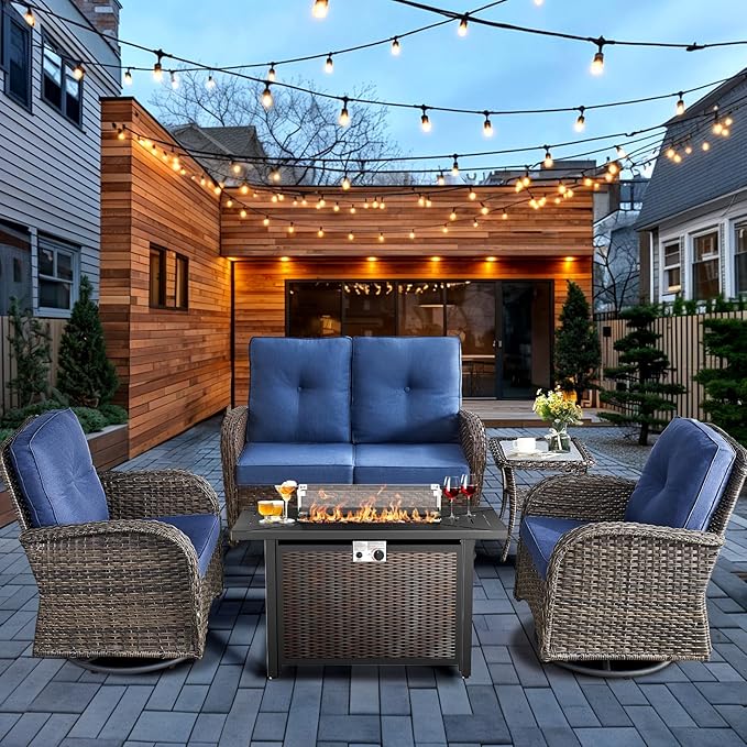 HUMMUH 5-Piece Patio Furniture Set with Fire Pit,Wicker Patio Glider Loveseat Outdoor Swivel Rocker Chairs for Backyard,Poolside,Deck