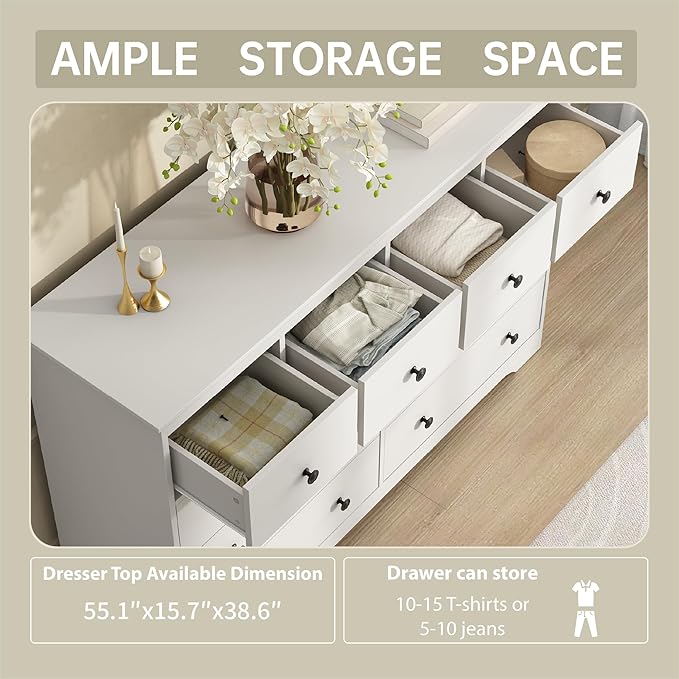 White Dresser for Bedroom, 10 Drawer Dresser with Large Drawers, 55 Inch Wide Wood Chest for Living Room, Hallway