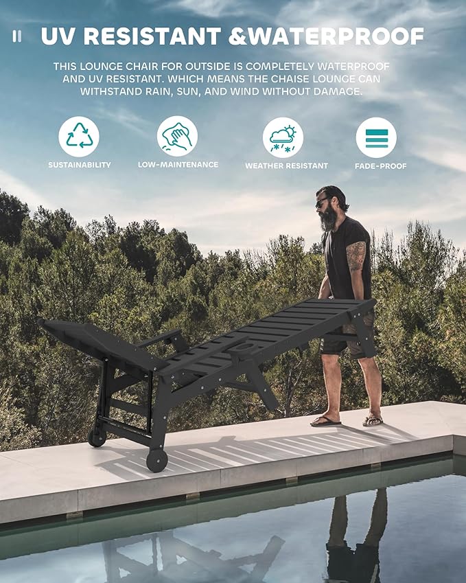 SERWALL Patio Chaise Lounge Chair Set of 2, 78'' Long 5-Positions Adjustable HDPE Outdoor Lounger for Pool, Poly Lounge Chair with Rolling Wheels & Cup Holder for Poolside, Deck, Obsidian Black
