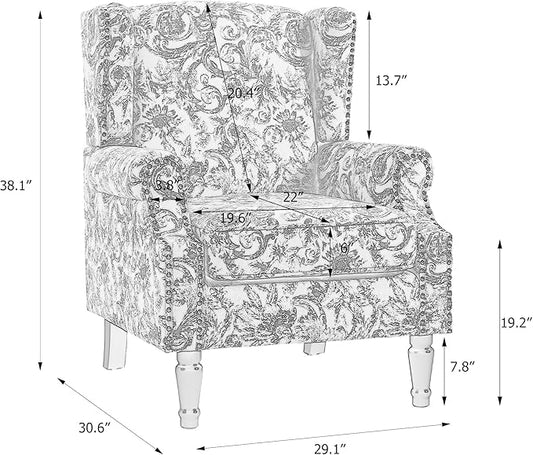 Accent Chair, Upholstered High Back Floral Armchair with Nailhead Trim & Wood Legs, Comfy Wingback Reading Single Sofa Chair for Small Spaces, Living Room, Bedroom-Floral Rococo Green, Set of 2
