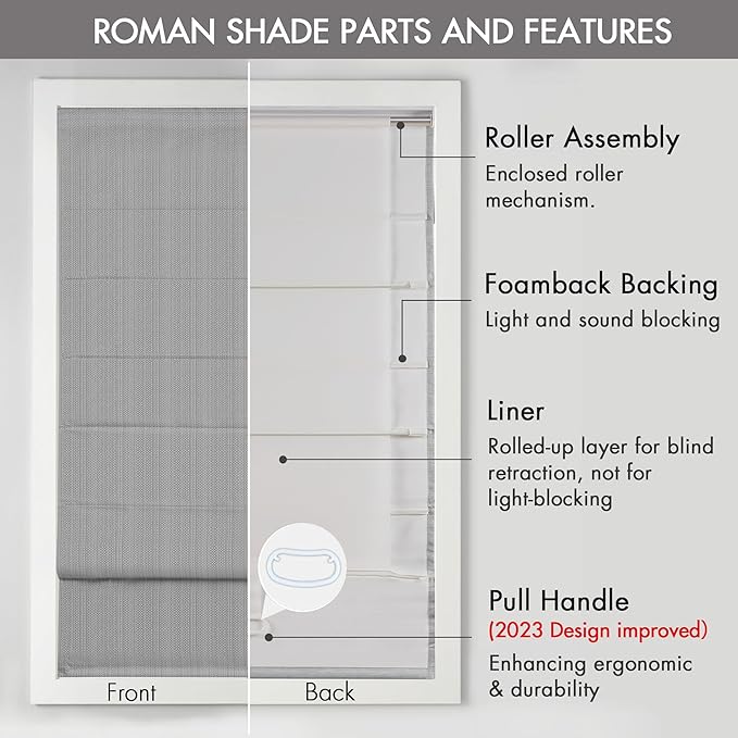 Madison Park Galen Cordless Roman Shade, 34"W x 64"H, Sheen Grey – Room Darkening, Thermal Insulated, Energy Efficient Window Blind with Subtle Sheen Basketweave Fabric for Privacy