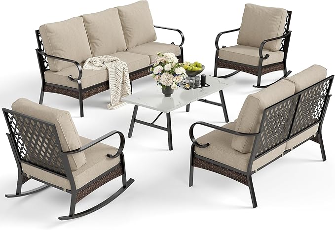 5 Piece Metal Outdoor Patio Furniture Set, Patio Conversation Sets, Outdoor Seating Furniture 3-Seater Sofa, 2 Leg Chair and 2 Swivel Chair with 5.75" Cushion for Backyard Deck, Beige