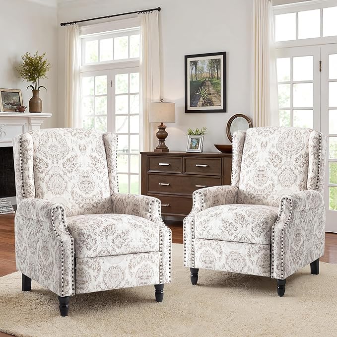Accent Chair, Upholstered High Back Floral Armchair with Nailhead Trim & Wood Legs, Comfy Wingback Reading Single Sofa Chair for Small Spaces, Living Room, Bedroom