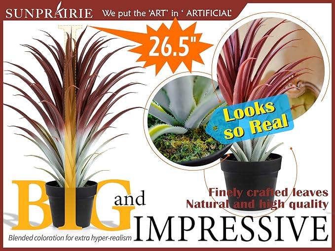 SUNPRAIRIE Hyper Realistic Big Red Artificial Aloe Vera Plant 26 Inches Tall. Large Faux Agave in Matte Black Pot.