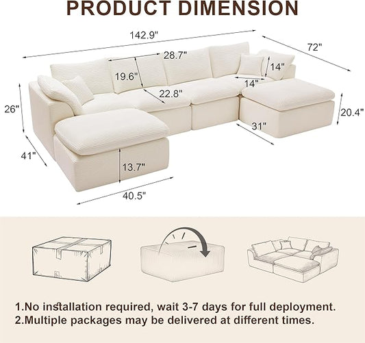 143" Cloud Sectional Couch, Boneless couches for Living Room,U Shaped Couch with Convertible Ottoman, Modular Sectional Sofa with Deep Seat, Comfy Soft Cushions, No Assembly, Beige