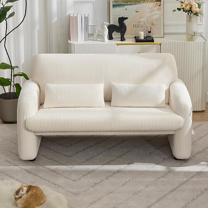 56'' Corduroy Loveseat Sofa, 2 Seater Love Seat Couch for Small Space, Comfy Upholstered Modern Leisure Loveseat Couches with Lumbar Pillows for Bedroom, Office, Living Room, White