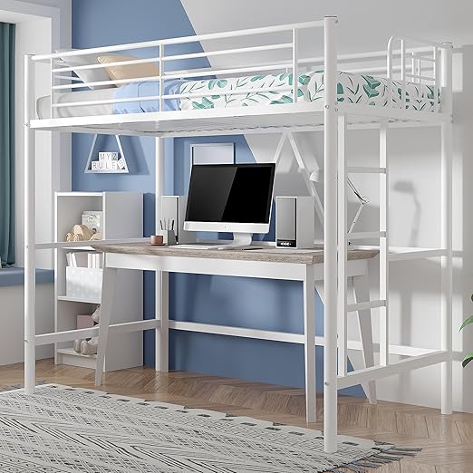 VECELO Metal Loft Bed Twin Size, Heavy Duty Bedframe with Removable Ladder and Safety Guardrail, Space-Saving, Noise Free, No Box Spring Needed, White