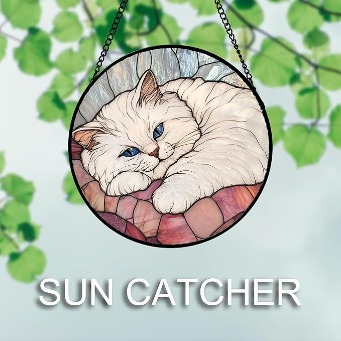 Stained Glass Window Hanging 4 Pcs Set Cute Cat Large 15" - Suncatcher Door Garden Sun Catcher Decor Birthday Mother's Day Christmas Comfort Gifts for Lost Pet Woman Nana Mom Men Friend