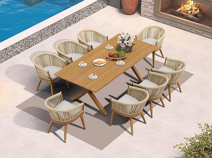 PURPLE LEAF 9 Pieces Outdoor Dining Set with Patio Aluminium Dining Table and Wicker Chairs Modern Furniture Cushions Sets for Backyard Indoor Decor Kitchen Teak