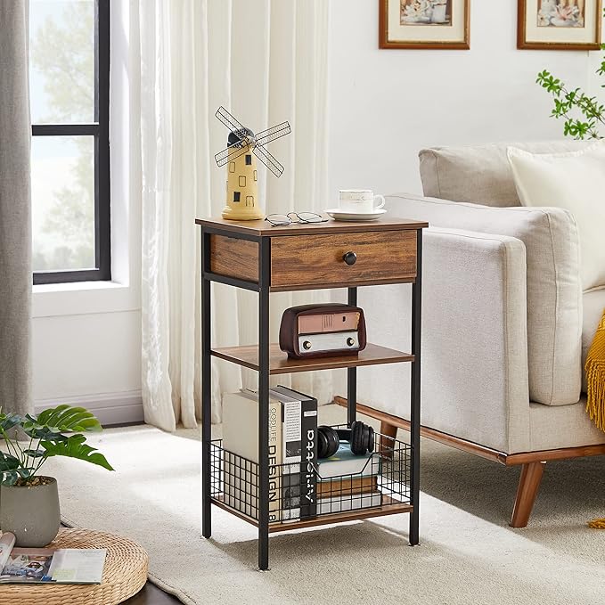 VECELO Tall End Side Tables,27 Inch Night Stand with U-Shape Basket and Storage Drawer/Shelf for Living Room/Bedroom/Small Spaces,Set of 2,Brown