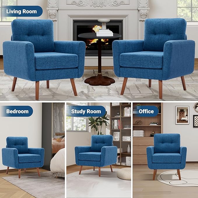 Tbfit Linen Fabric Accent Chairs Set of 2, Mid Century Modern Armchair for Living Room, Bedroom Button Tufted Upholstered Comfy Reading Accent Chair Sofa(Blue)