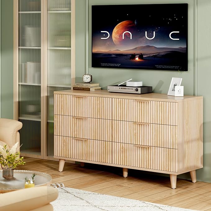 Lulive Dresser for Bedroom Wood Dressers Chest of Drawers, Fluted 53.2" Wide Modern Long Dresser TV Stand 6 Drawers for Bedroom, Closet, Living Room, Hallway (Natural)