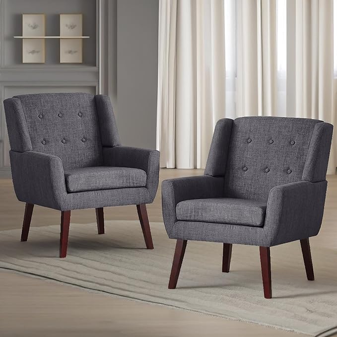 HUIMO Button-Tufted Accent Chairs Set of 2,Upholstered Reading Living Room Chair,Mid Century Modern Chair with Linen Fabric, Club Chair,Comfy Arm Chairs for Living Room,Bedroom,Grey