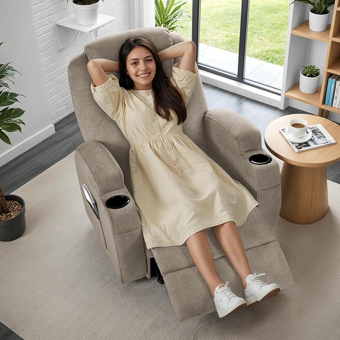 Recliner Chair, 360° Swivel Rocker Chair for Adults, Rocking Recliner Chair with Massage, Comfy Single Sofa with Side Pockets Cup Holders for Living Room, Bedroom, Nursery (Fabric, Khaki)