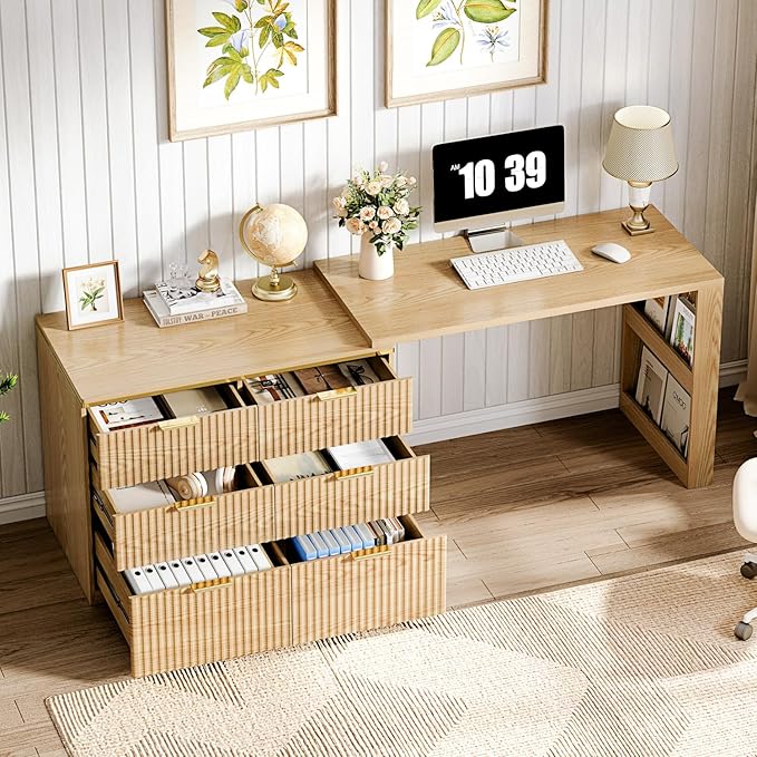 L Shaped Standing Desk,47" Home Office Desks, Executive, Farmhouse Computer Desk with 6 Drawers File Drawer, Rustic Computer Writing, Oak