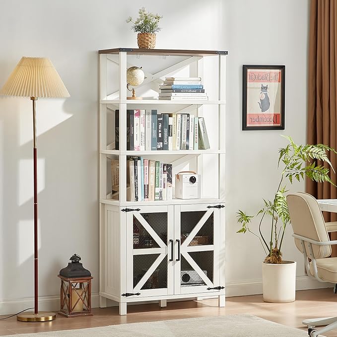 5 Tier Bookshelf 70" Tall Bookcase with Barn Doors,Large Farmhouse Display Book Shelf with Adjustable Shelves and Storage Cabinet,Library Wood Bookshelves for Living Room,Kitchen,White(2PCS)