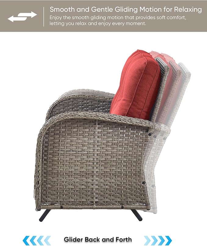 HUMMUH 2-Person Outdoor Glider Bench-All-Weather Wicker Patio Double Swing Rocking Chair Patio Loveseat for Deck Lawn Porch Balcony Poolside-Grey/Red