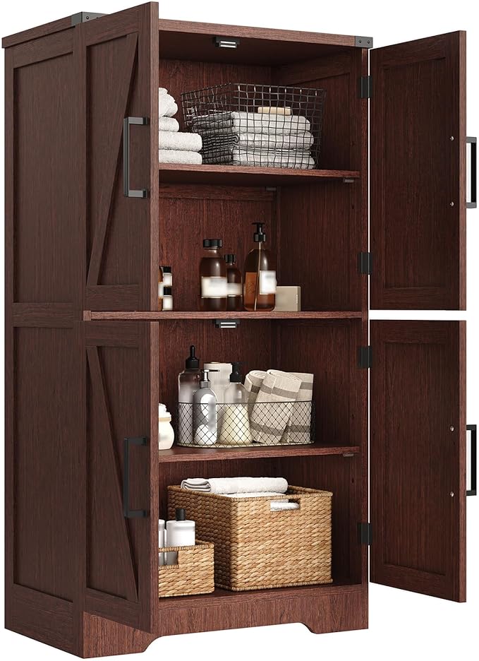 Treocho Bathroom Floor Cabinet, Farmhouse Bathroom Storage Cabinet with Doors and Adjustable Shelves, Freestanding Kitchen Pantry Cabinet, Cupboard for Living Room, Dining Room, Walnut