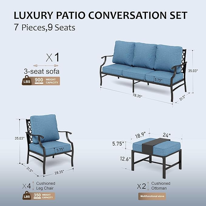 HERA'S HOUSE 7 Piece Patio Furniture Set, 4 x Leg Chair, 2 x Cushioned Ottoman, 1 x 3-Seat Sofa, All Cushioned 9 Seats Metal Outdoor Conversation Set for Lawn Garden Backyard